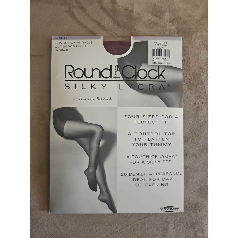 Round The Clock Silky Lycra Control Top Size A Deep Wine Sandaltoe Pantyhose